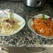 spagetis con roque y con chorizo y tomate