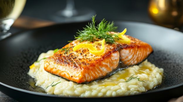 Filete de salmón sobre risotto al limón