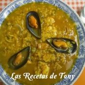 Arroz caldoso con potas y gambón