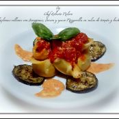 Conchigliones rellenos con berenjenas beicon e mozzarella en salsa de tomate y bechamel - Paso 1