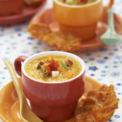 Gazpacho de zanahoria con azafrán y chorizo,galleta de arroz con zanahorias y semillas de especias.