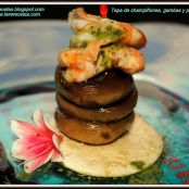 Tapa de champiñones, gambas y pesto.