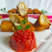 TUBOS DE PASTA REBOZADOS Y FLAN DE PIMIENTOS